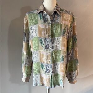 Patchington vintage 100% silk long sleeve leaf print shirt blouse button up Lrg